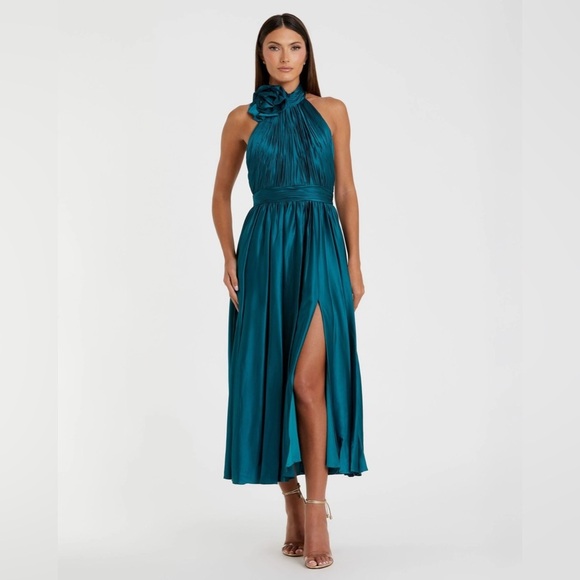 MAC DUGGAL 49674 NWT Pleated Charmeuse High Neck Sleeveless Midi Dress - Picture 1 of 7